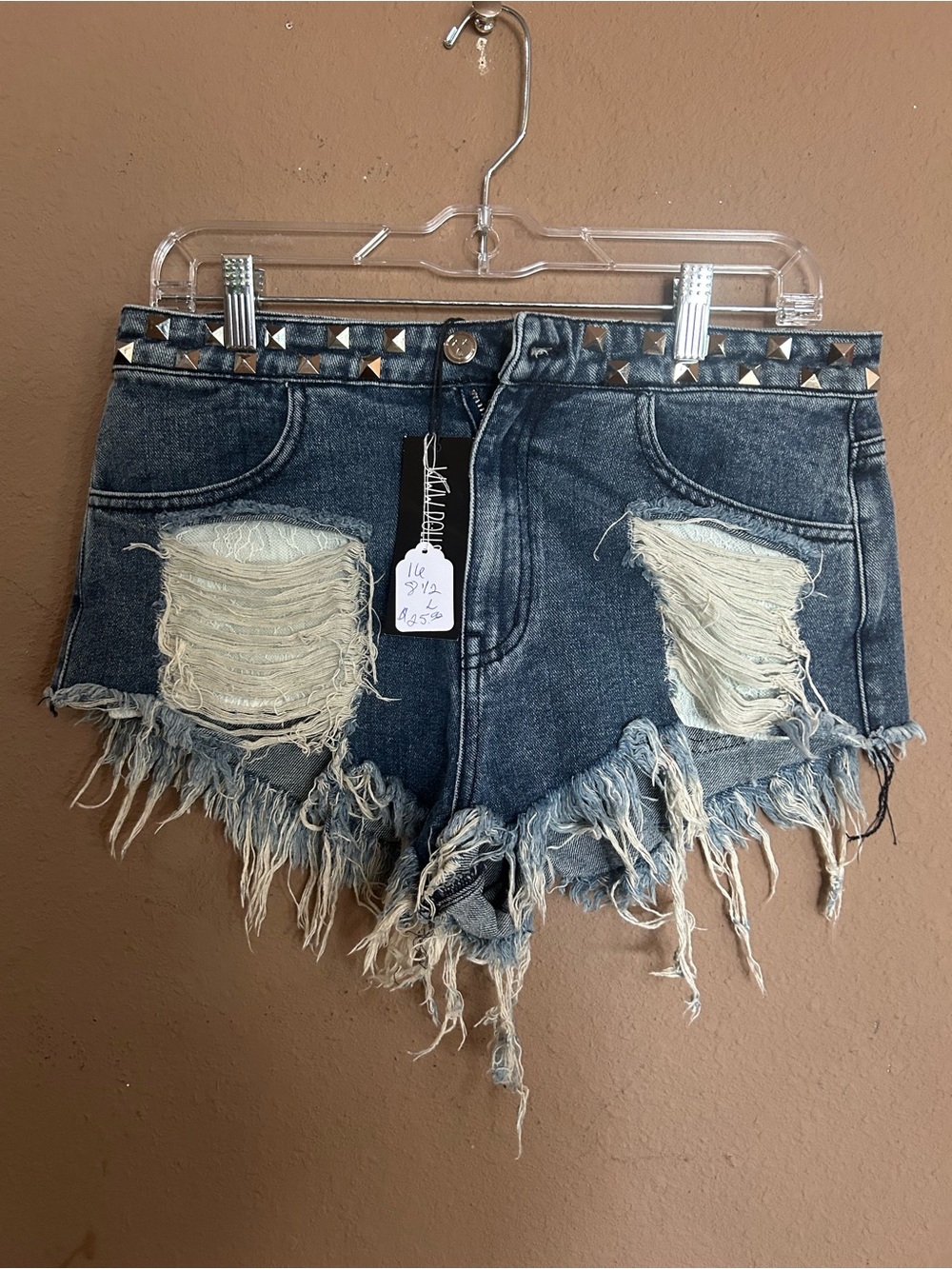 Current Mood Distressed Studded Dark Blue Denim Cutoff Shorts